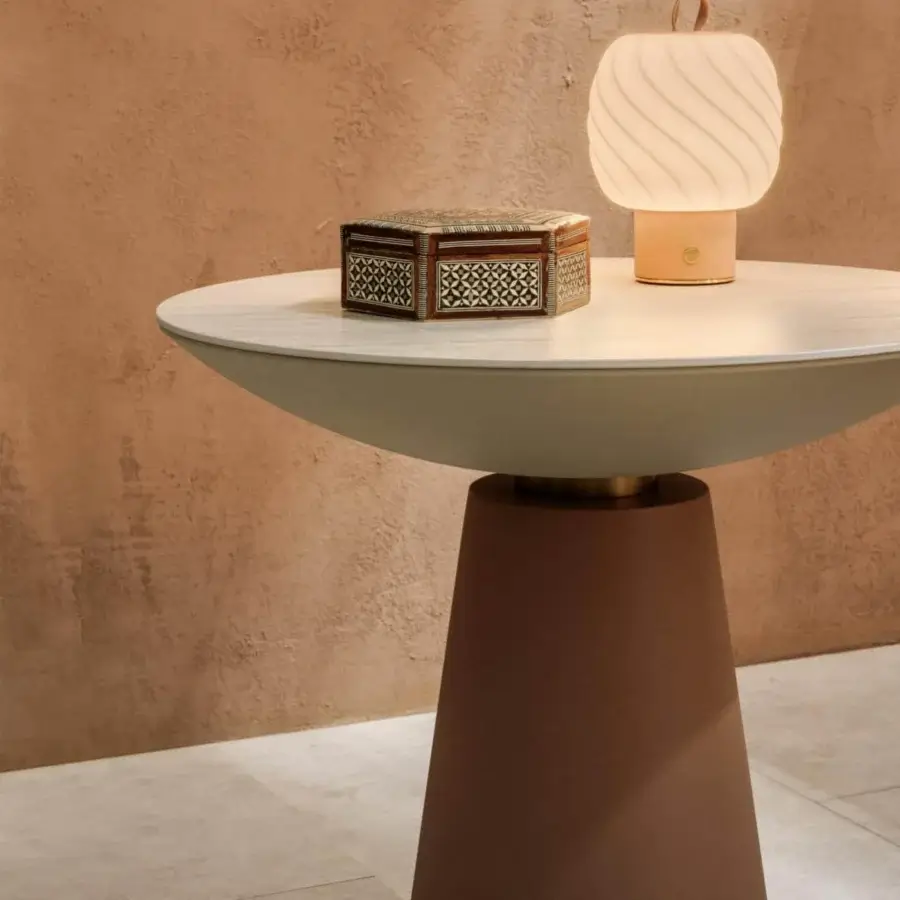 Superior Vismara Eclisse side table with ceramic stone effect top and concrete effect lacquered conical base
