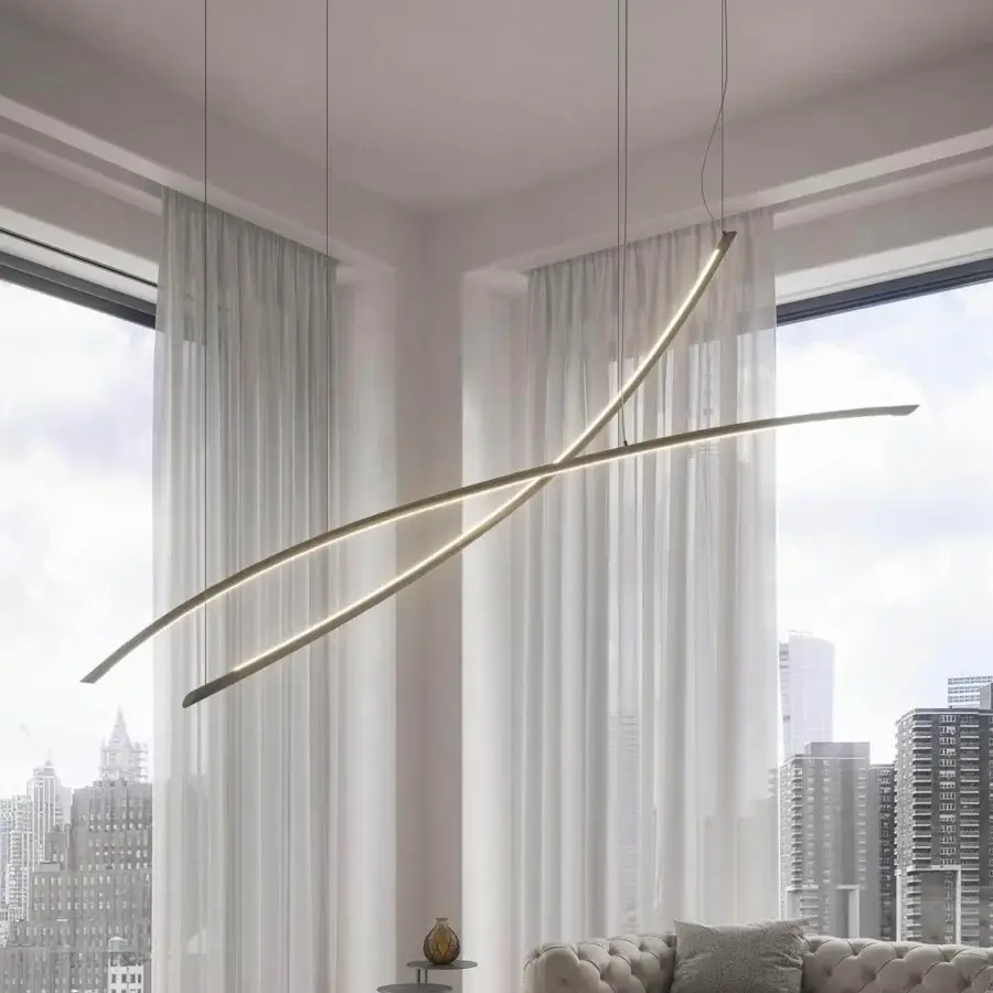 Exceptional Cattelan Italia Katana Magnum suspension lamp with intersecting light bars in matte gold finish crafted with thin cables