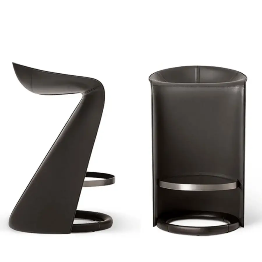 Distinctive Giorgetti Skirt stool crafted in black leather with an ash wood base and metal inserts