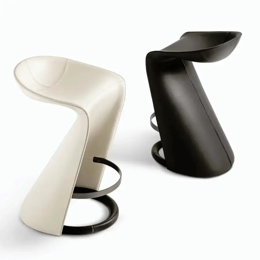 Distinguished Giorgetti Skirt stool in smooth black leather with an ash wood base and sleek metal inserts