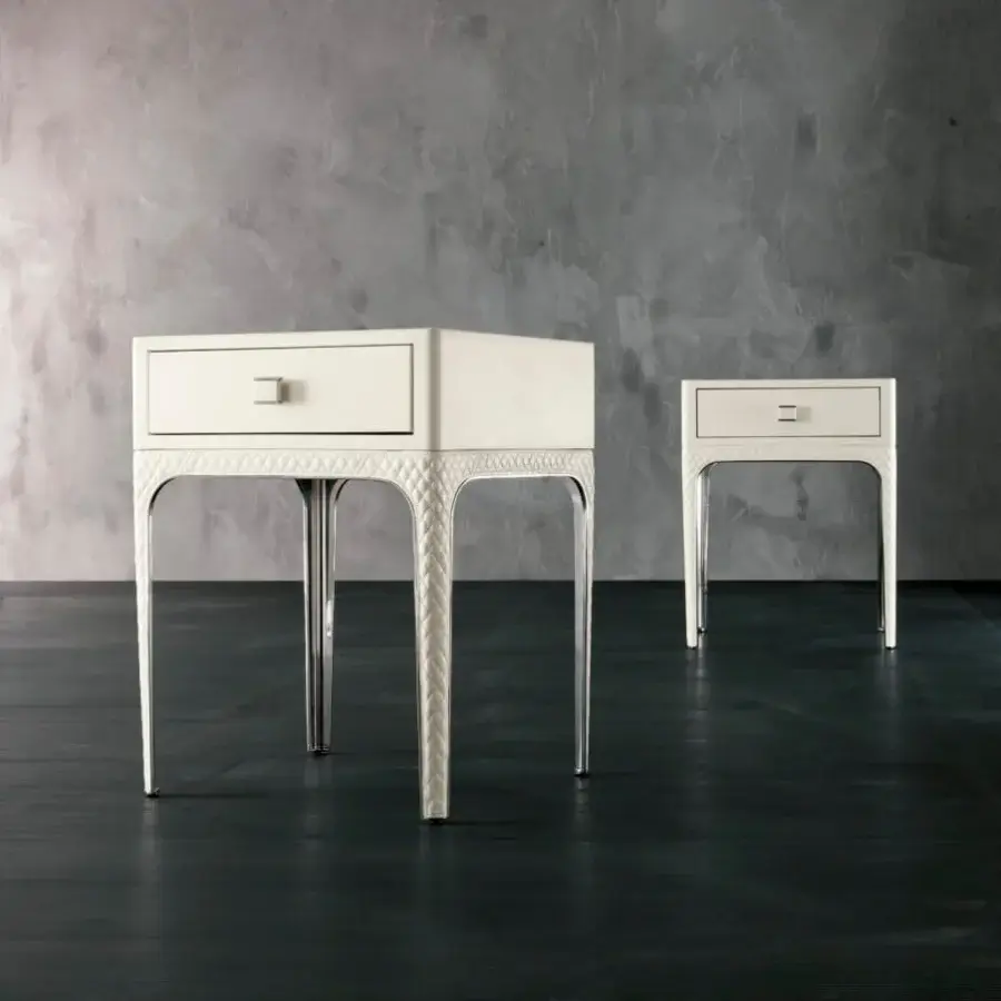Superior Rugiano Charlie nightstand crafted in off-white leather with quilted matelassé and glossy metal details