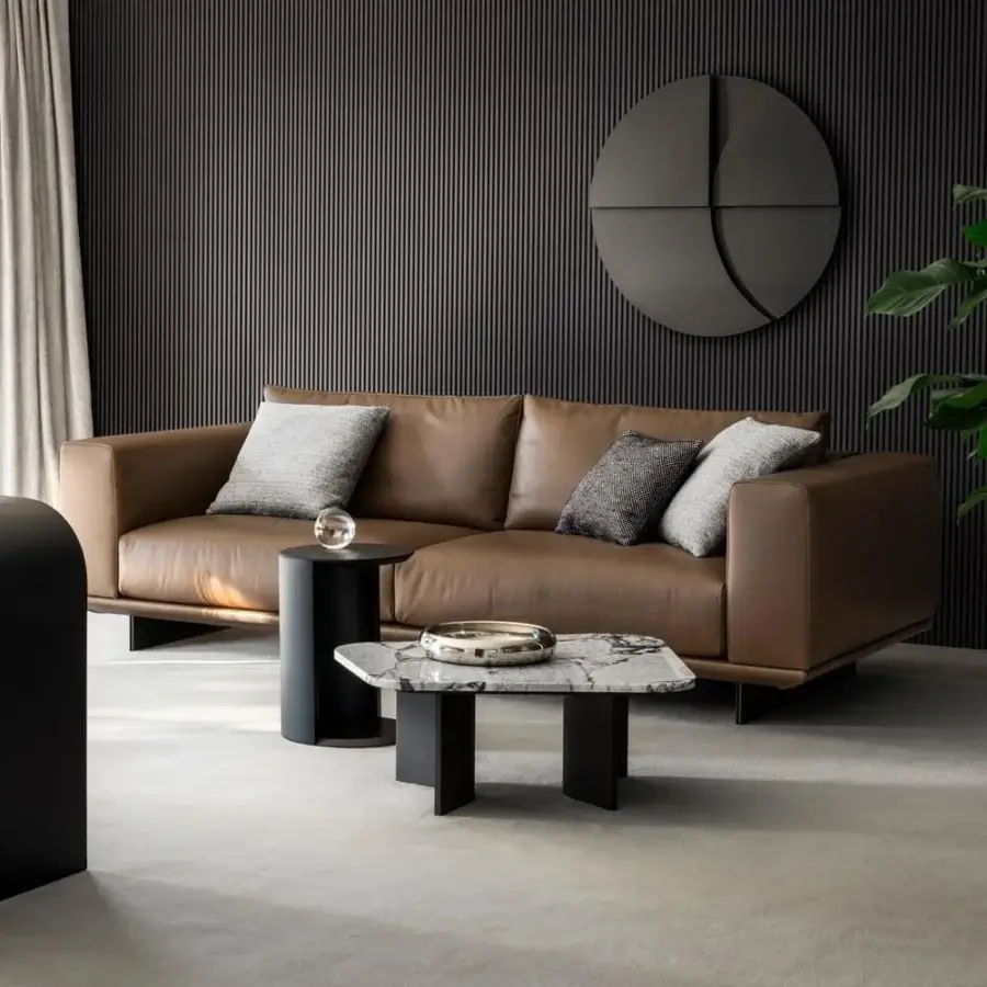 Harmonious 4 Mariani Asso sofa crafted in Italy with light brown leather upholstery and dark metal feet