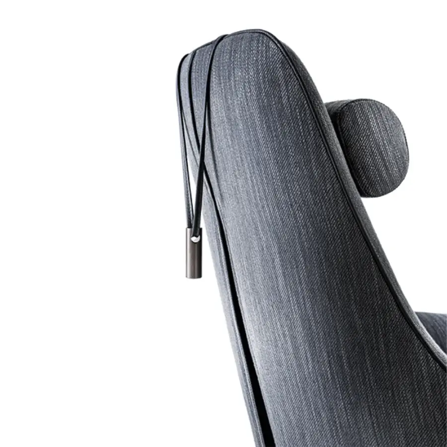 Distinguished Giorgetti Tie XL lounge chair with medium-to-dark gray textile and leather inserts in a matte finish with a solid ash wood base