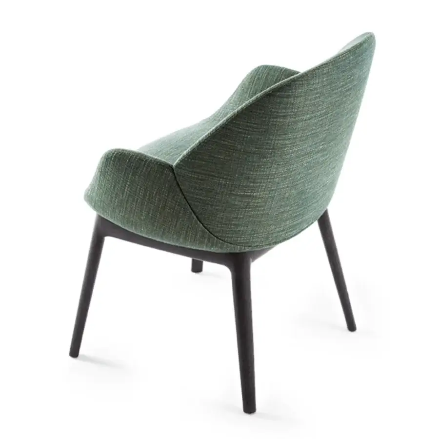 Elegant Giorgetti Calathea armchair upholstered in textured green textile with a dark matte-stained wood frame and metal base
