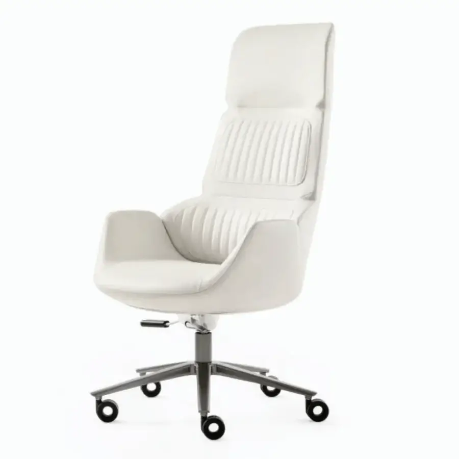 Distinguished Giorgetti Calathea Bergere chair crafted in off-white leather with a matte metal five-point swivel base