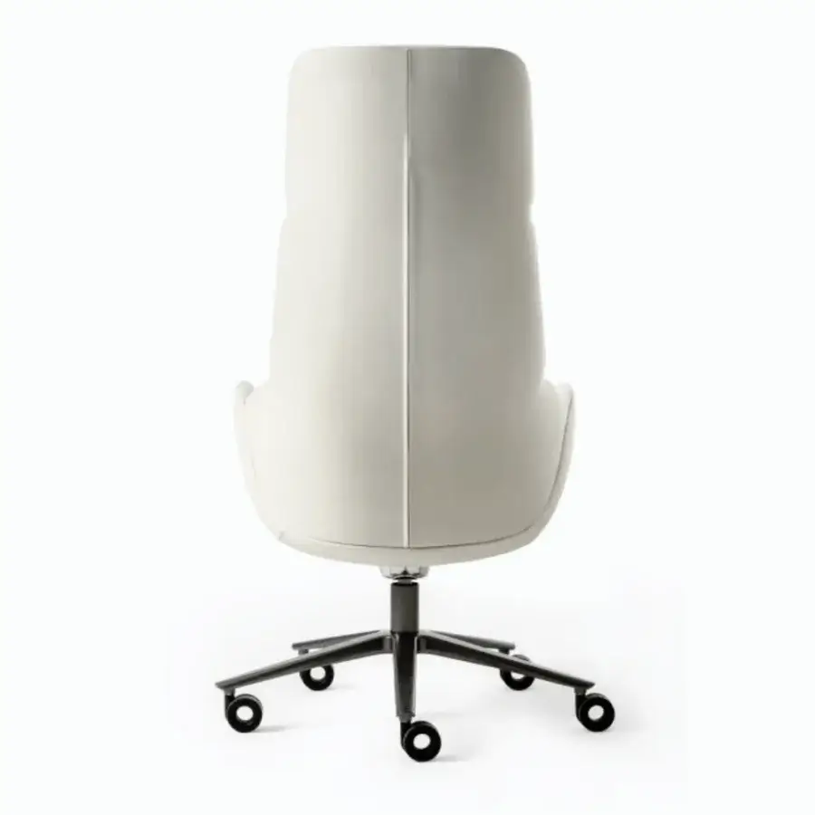 Superior Giorgetti Calathea Bergere chair built in Italy with light cream leatherette and a black metal swivel base