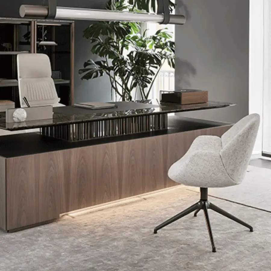 Elegant Giorgetti Calathea Bergere chair in light gray woven textile with a dark-toned metal swivel base