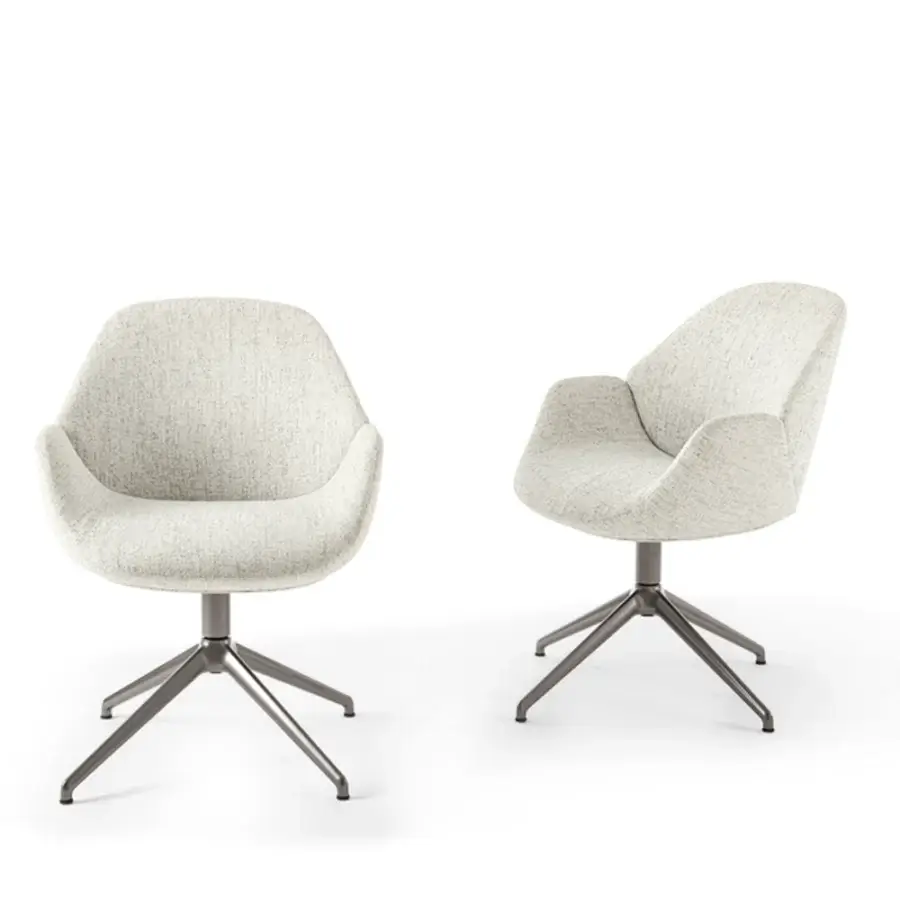 Exceptional Giorgetti Calathea guest armchair built in Italy with light textile upholstery and a dark matte swivel base