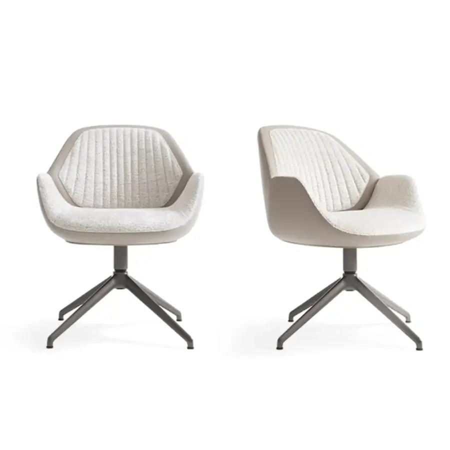 Distinguished Giorgetti Calathea guest armchair with neutral gray fabric upholstery and dark metal swivel base