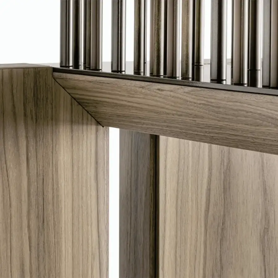 Superior Giorgetti G-Code table crafted in Italy with canaletto walnut wood and vertical metal rods in a matte finish