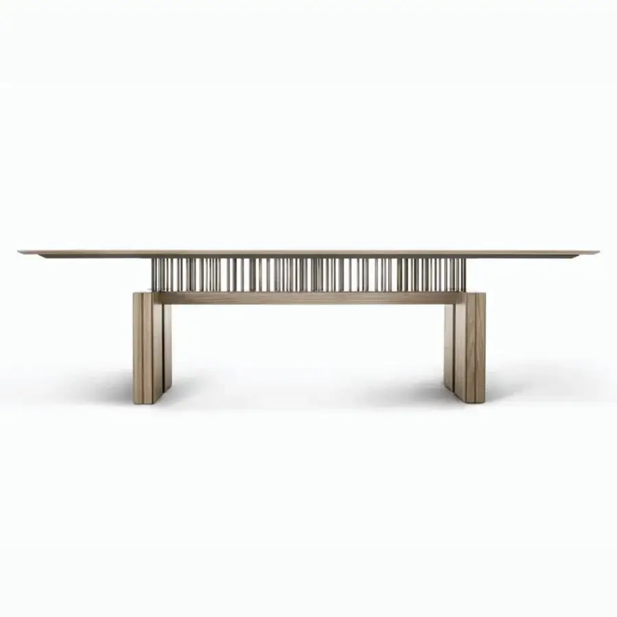 Distinguished Giorgetti G-Code table with natural canaletto walnut wood and vertical metal rods, showcasing a matte finish