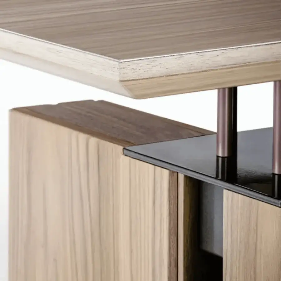 Elegant Giorgetti G-Code table with canaletto walnut wood and copper-tone cylindrical metal legs crafted in Italy