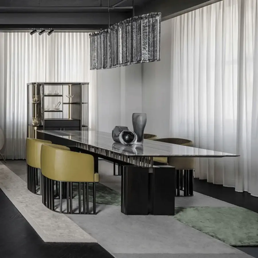 Meticulous Giorgetti G-Code table crafted in Italy with light marble and dark finished canaletto walnut wood frame