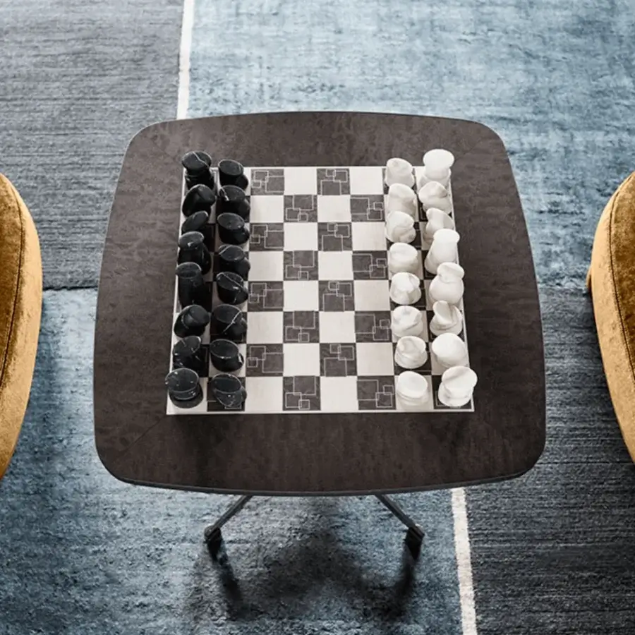 Exceptional Giorgetti Spark chess and backgammon table with a dark wood-like surface and minimalist metal base