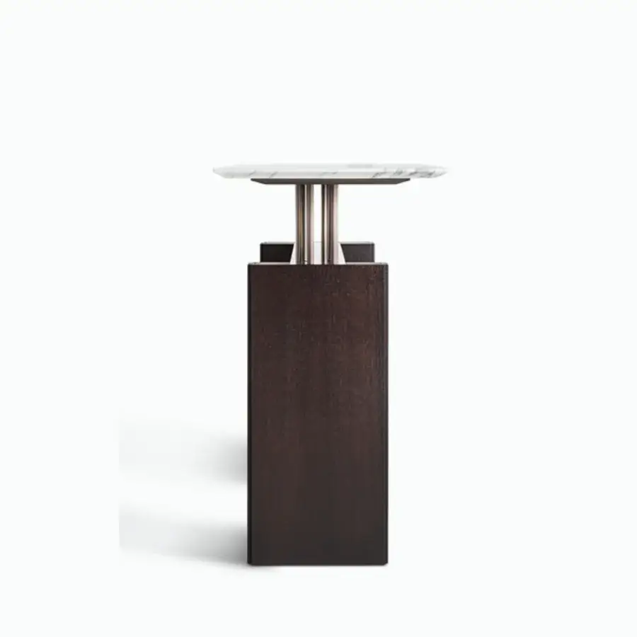 Elegant Giorgetti G-Code console with dark brown wood base and bright square tabletop exhibiting grey veining in glossy metal columns