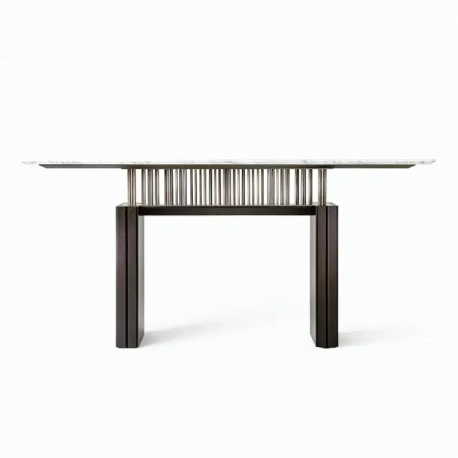 Distinguished Giorgetti G-Code console with white marble top and polished metal rods built with a satin dark wood frame