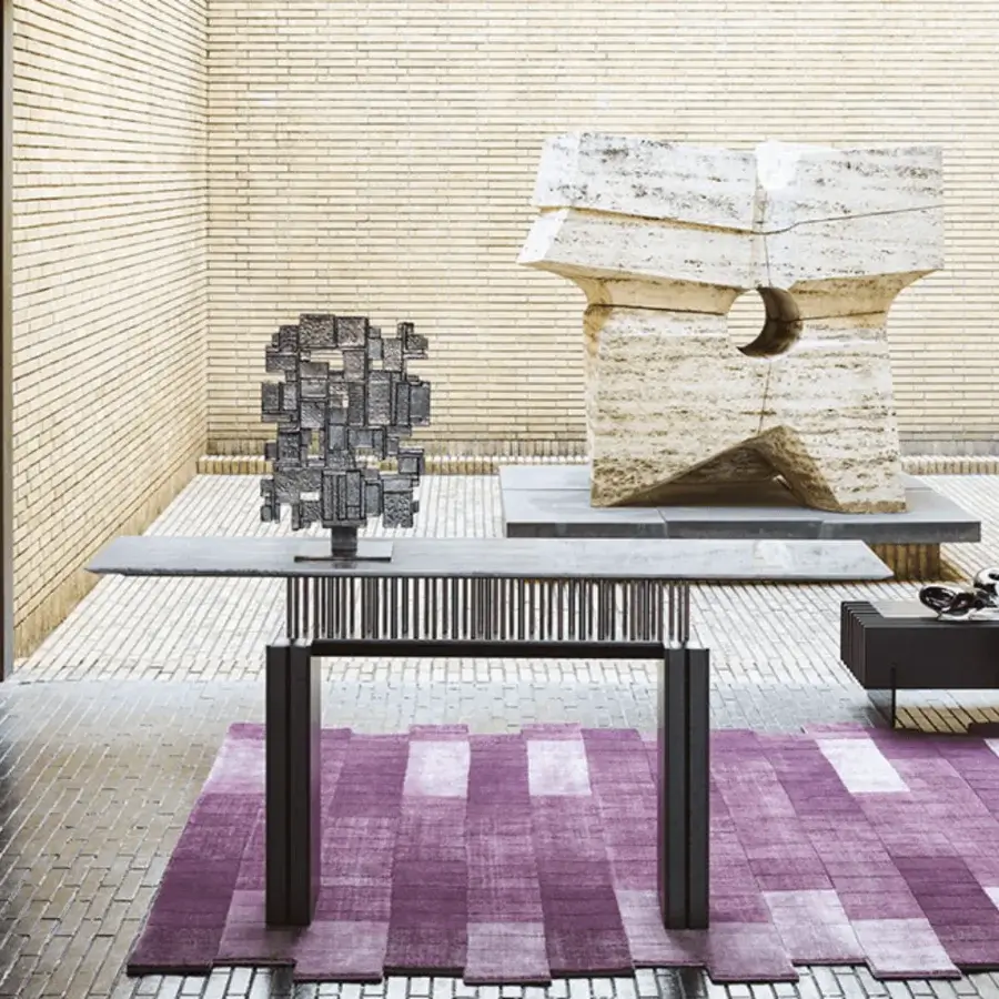 Elegant Giorgetti G-Code console in dark-toned wood with visually textured vertical bars and simple rectangular legs