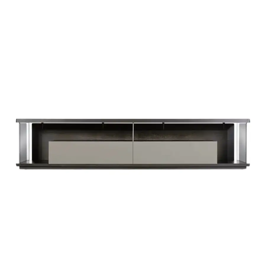 Distinguished Giorgetti Kukei sideboard with dark-stained wood framing and light gray matte drawers plus transparent side panels