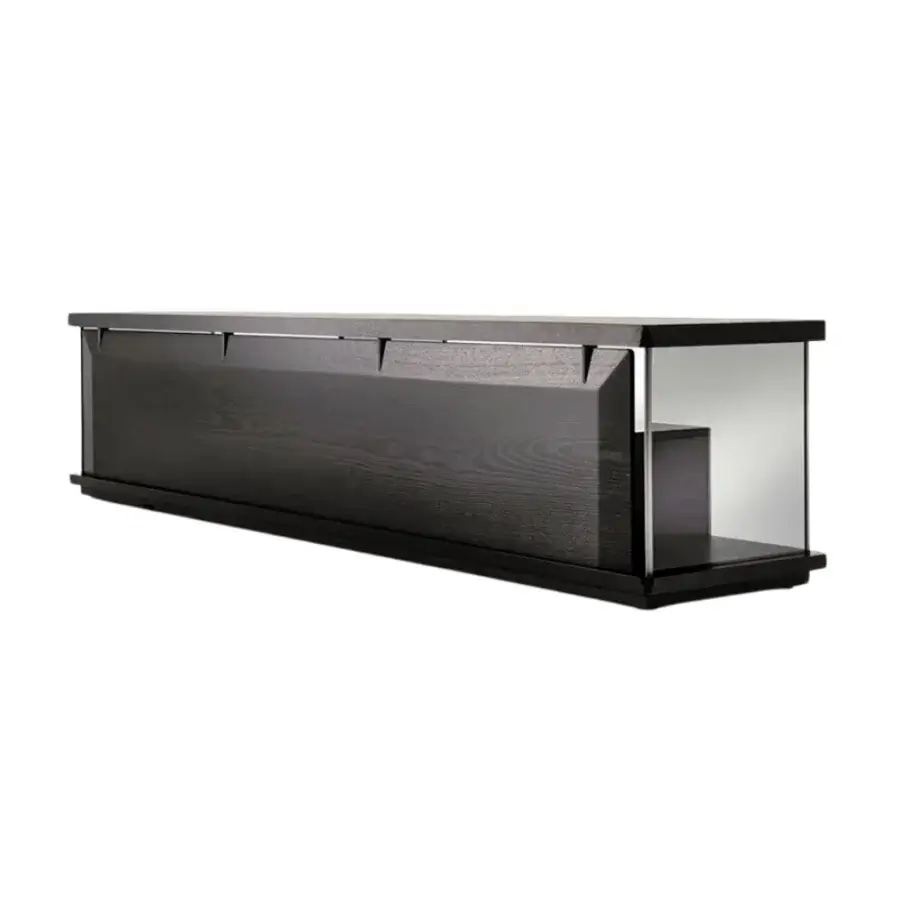Superior Giorgetti Kukei sideboard crafted from wood with a dark finish and elegant metal accents with a glass enclosure