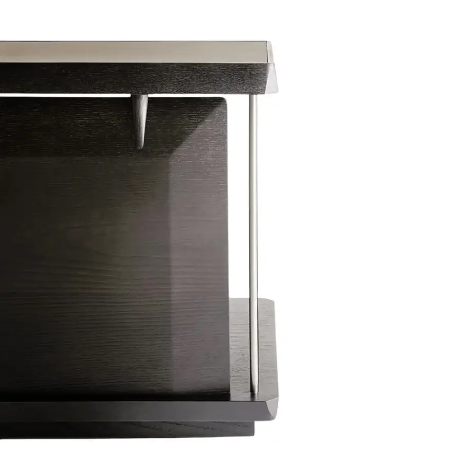 Elegant Giorgetti Kukei sideboard built with dark wood and lighter trim, supported by silver metal legs and a matching lower shelf