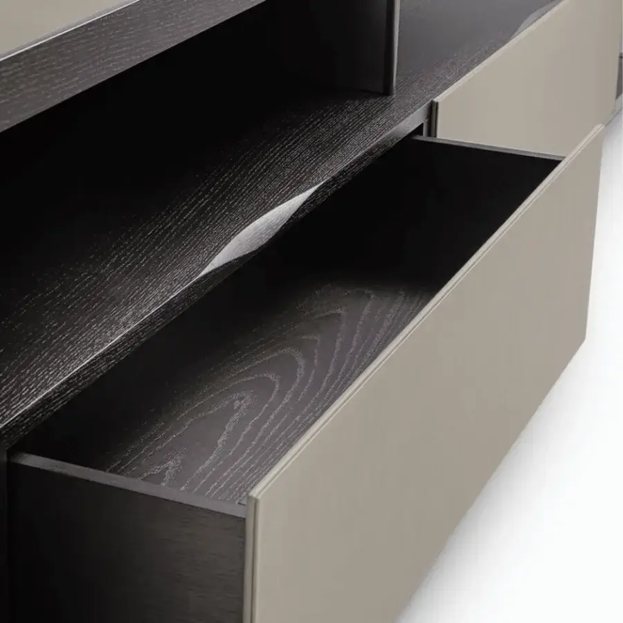 Distinguished Giorgetti Kukei sideboard crafted with wood, showcasing a light beige finish and dark textured grain
