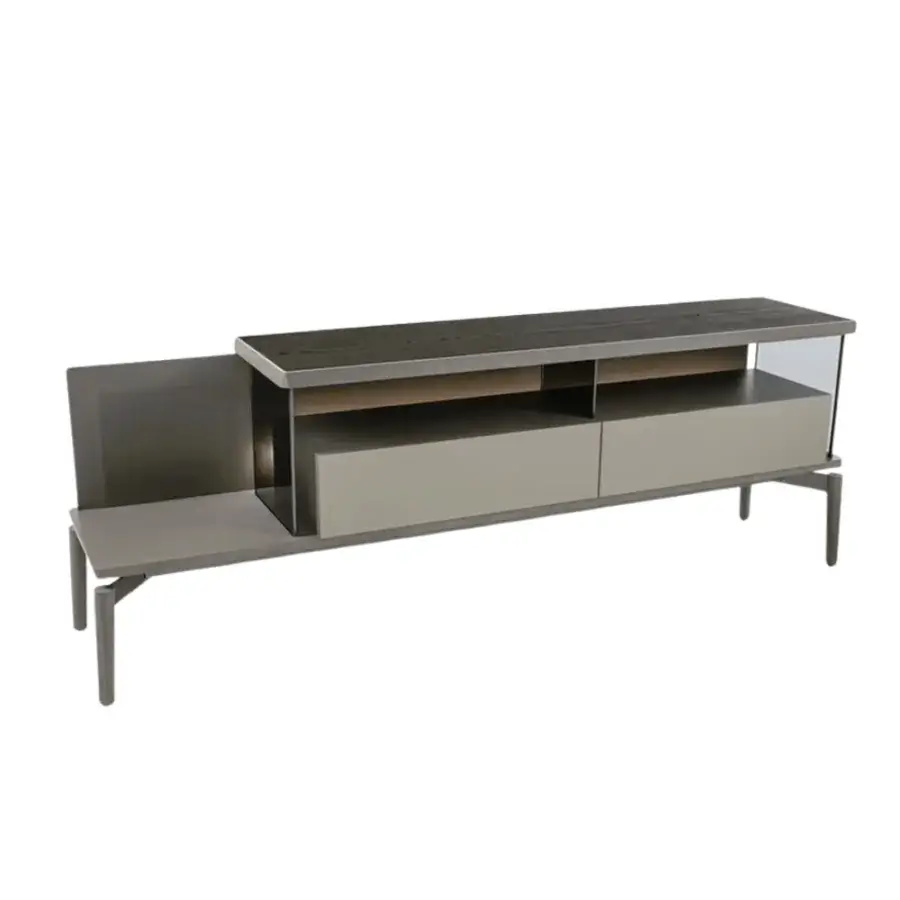 Superior Giorgetti Kukei sideboard built with dark-stained wood and light gray drawers, displaying glass panels with warm LED backlighting