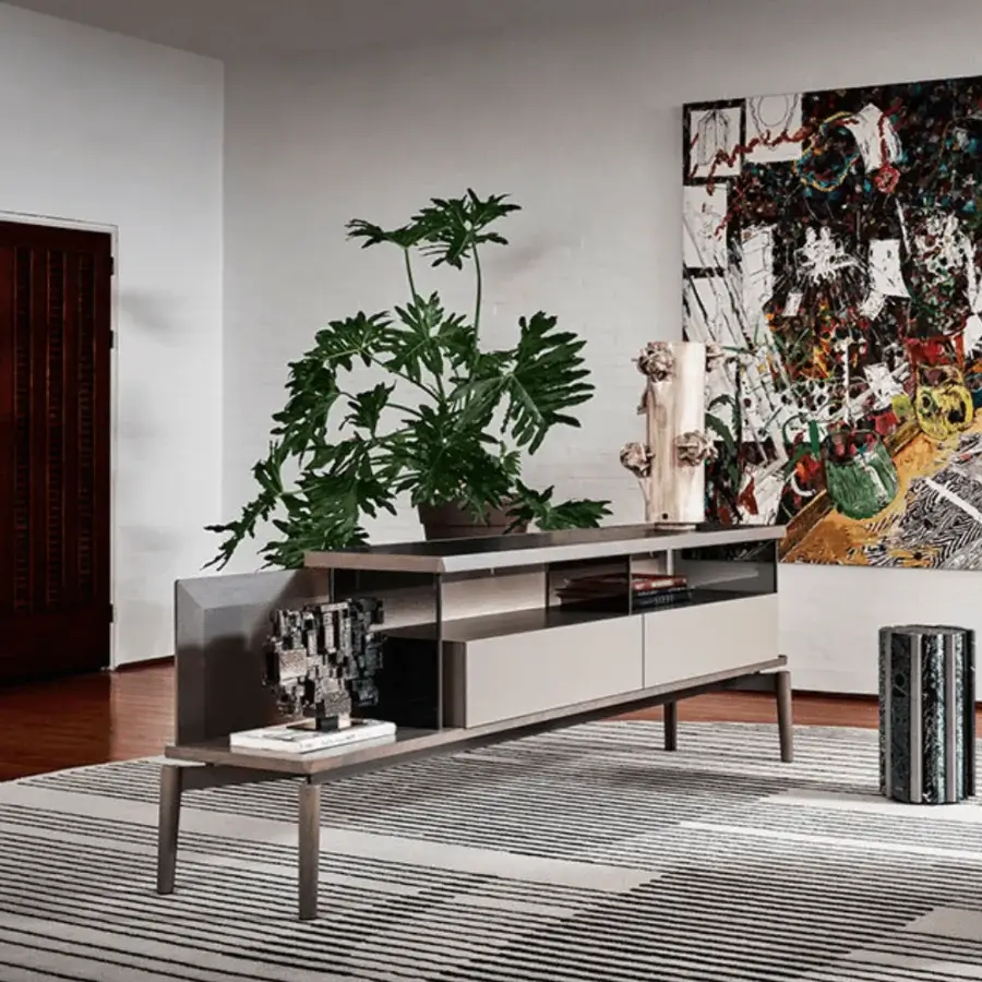 Distinguished Giorgetti Kukei sideboard crafted with wood, displaying beige and grey tones with a matte finish