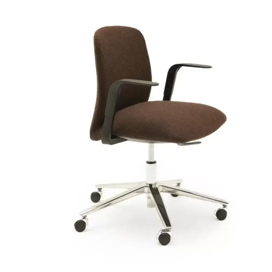 Exceptional Presotto Now armchair upholstered in fabric or leather with black nylon armrests and reflective metal swivel base in brown