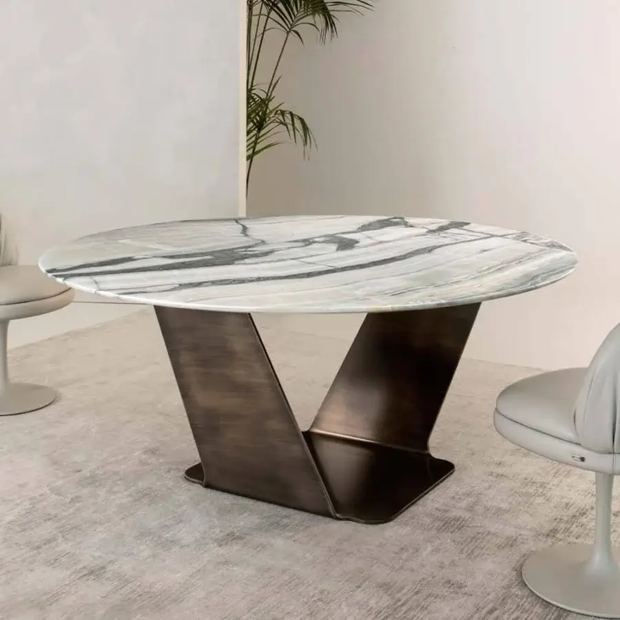 Distinguished Rugiano Wally table with swirling white, gray and black marble top and varnished bronze metal base crafted in Italy