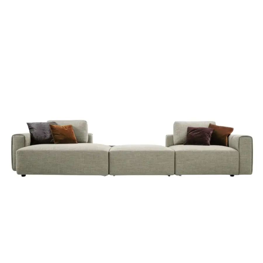 Distinguished Giorgetti Karphi sofa in light neutral gray textured textile presents rectilinear geometric forms with dark and light brown cushions