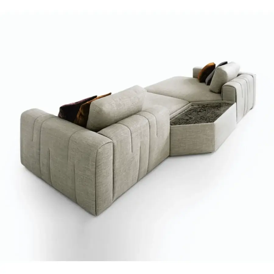 Superior Giorgetti Karphi sofa upholstered in light gray textile with matte finish includes brown cushions and integrated low table
