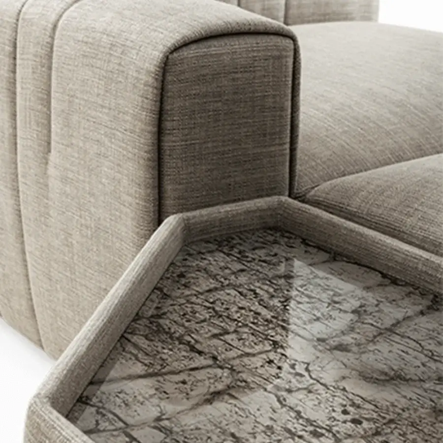 Exceptional Giorgetti Karphi sofa upholstered in light brown fabric with a marble integrated side table