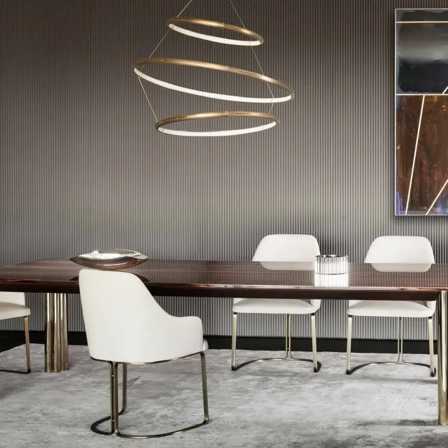 Exclusive Rugiano Forest table crafted with glossy dark brown wood and skillfully welded brass tone metal legs
