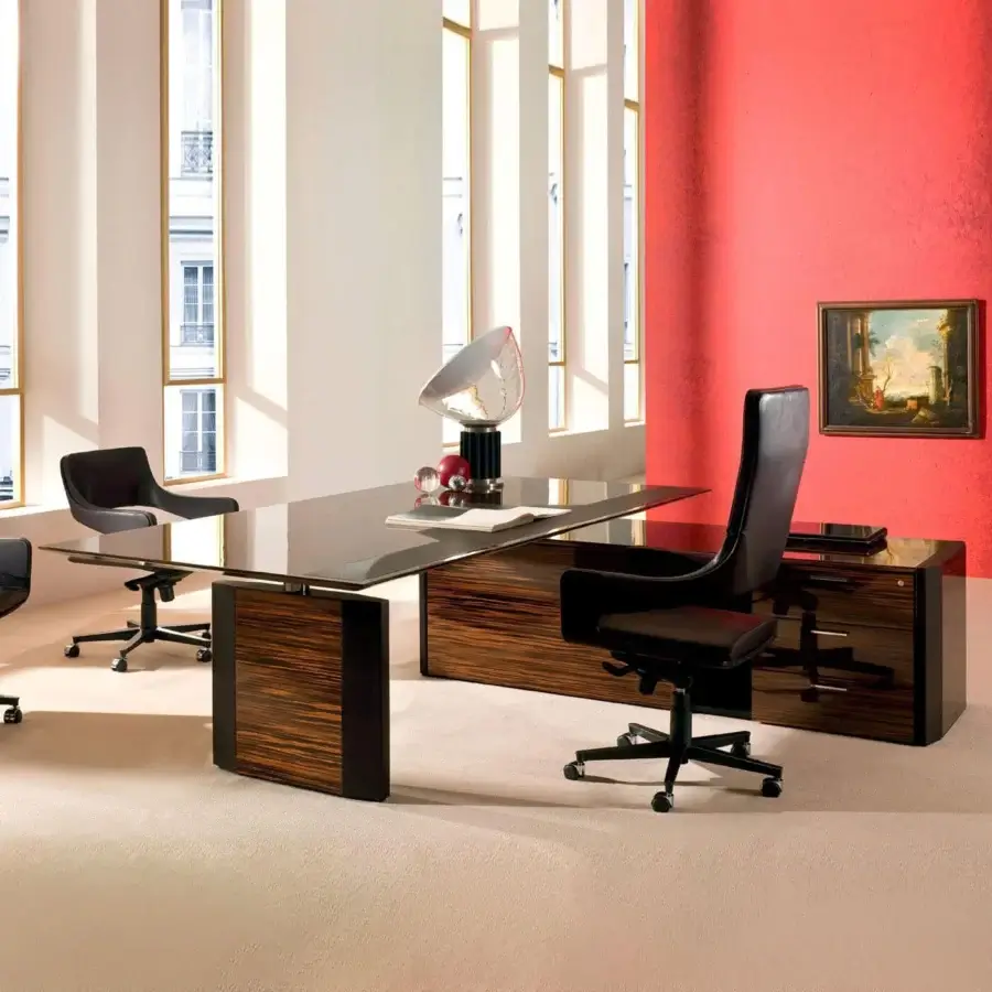 Distinguished 4 Mariani De-Symetria desk with veneered wood and melamine, accented by chromed steel support and saddle leather edges in a glossy brown finish