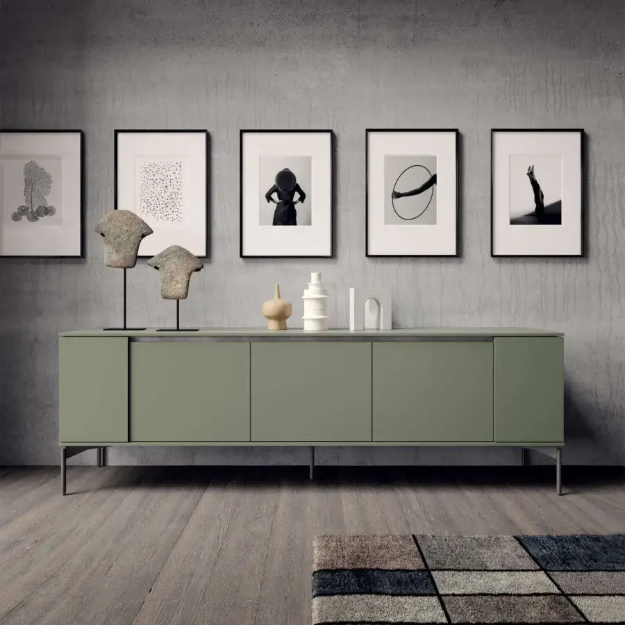Sophisticated Presotto Hug sideboard with light olive green lacquered chipboard and standard metal base