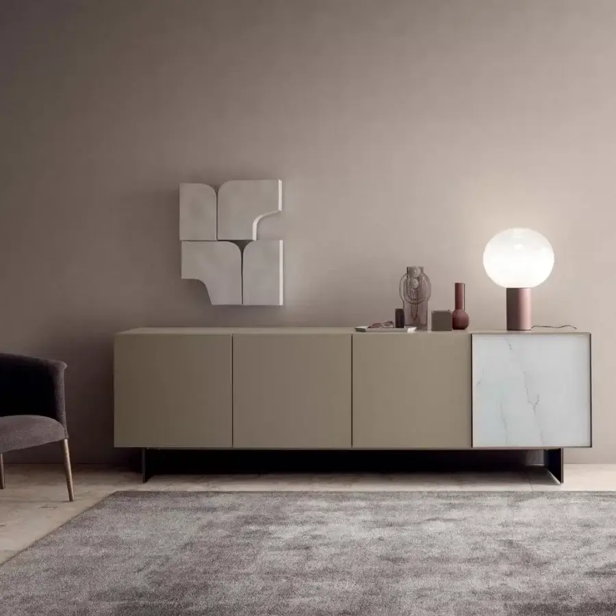Exceptional Presotto Match sideboard with taupe matte lacquered chipboard and glossy marble effect paneling built on a varnished metal base