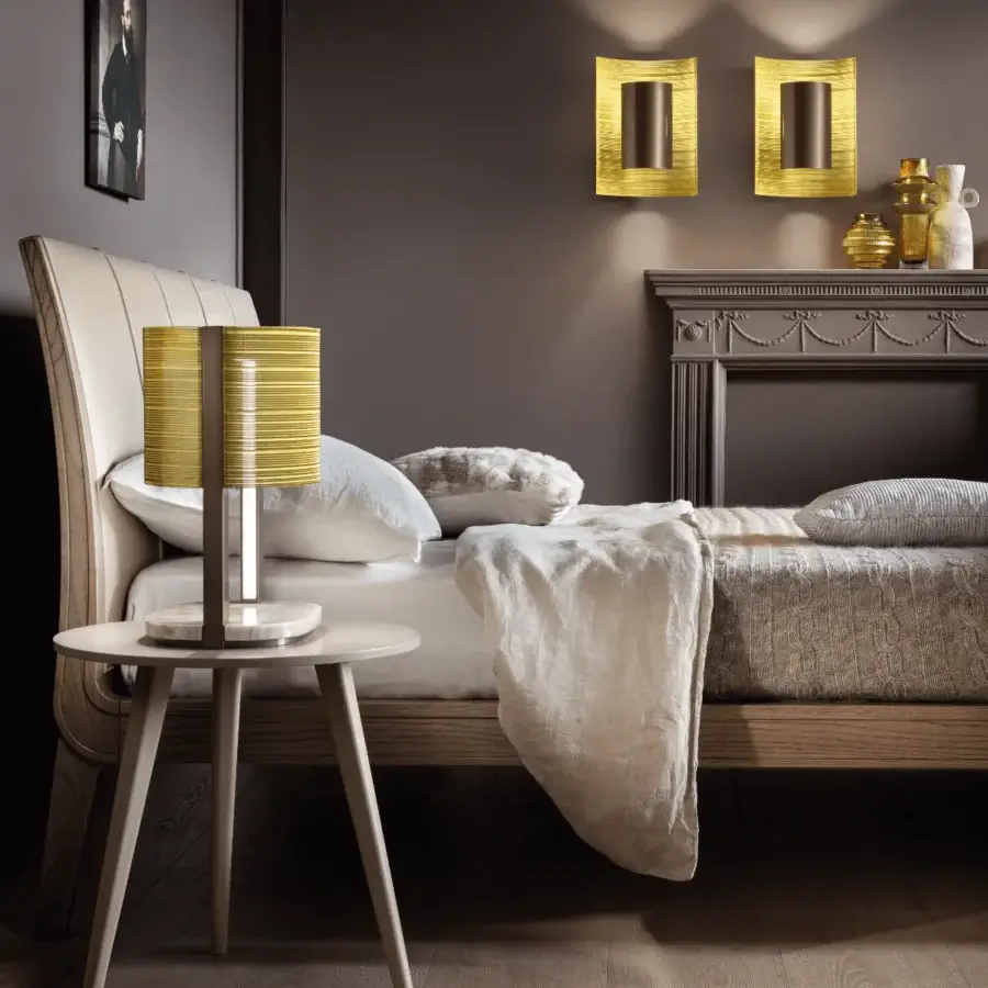 Superior Masiero Ebe table lamp with cylindrical lampshade in light yellow and matte metal with onyx base