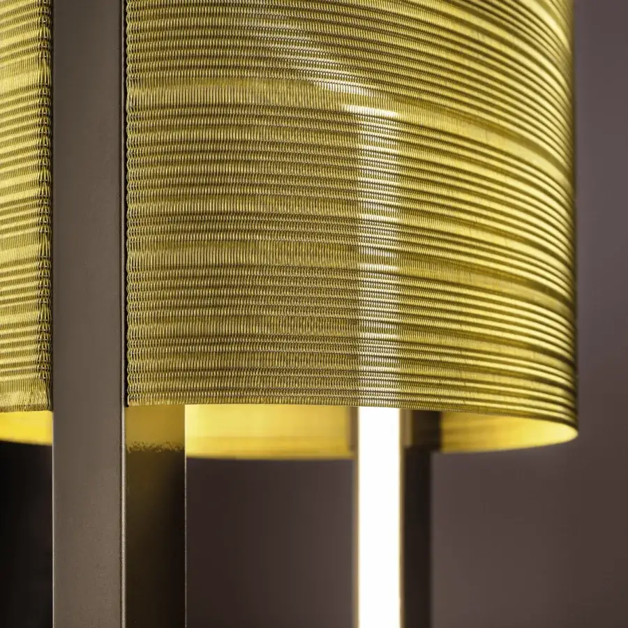 Exceptional Masiero Ebe floor lamp with metal structure and onyx stone base in golden woven cylindrical shade with dark matte finish