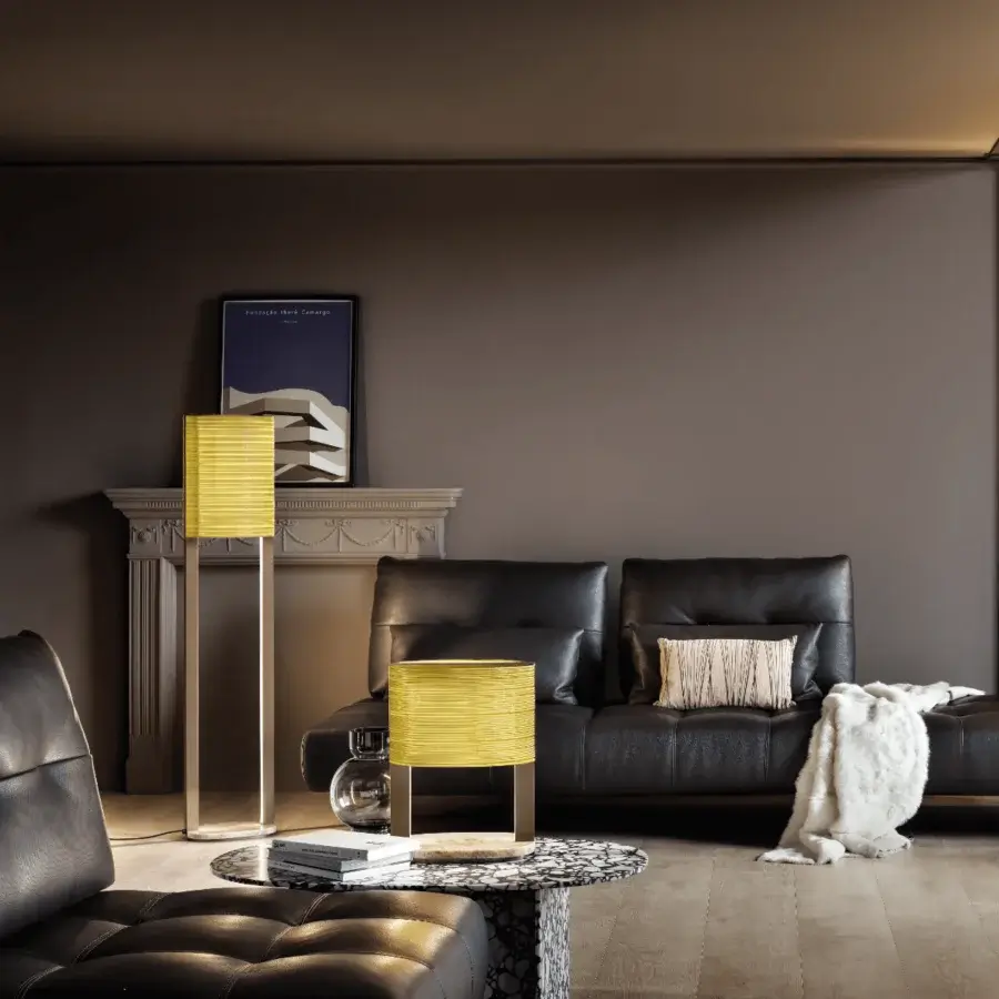 Superior Masiero Ebe floor lamp with metal structure and onyx stone base, crafted in yellow textile shade