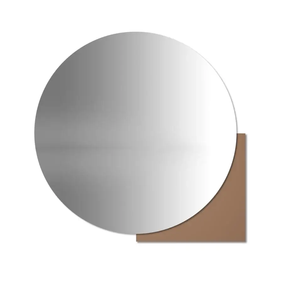 Exclusive Arketipo Karma mirror with circular reflective surface transitioning from darker to lighter gray and light brown backing