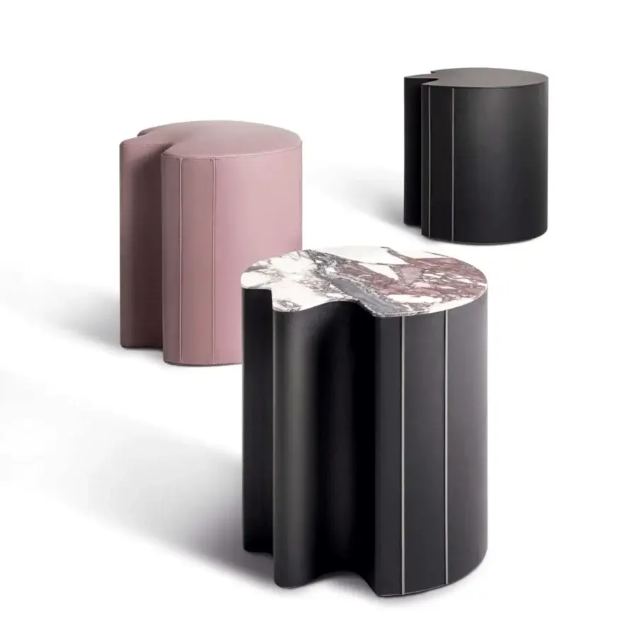Exceptional Giorgetti Woody&Mia coffee table in pink leather with cylindrical form and matte finish