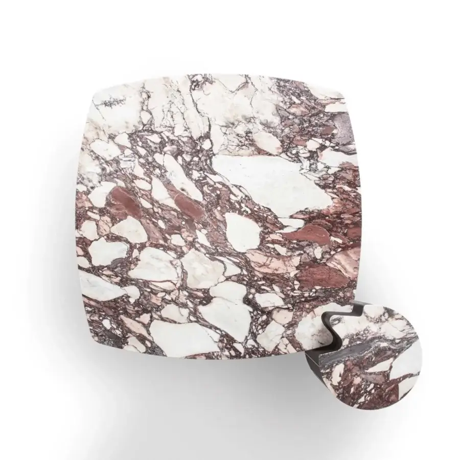 Avant-garde Giorgetti Woody&Mia coffee table crafted in leather with marble exhibiting white, brown and dark brown veins and a matte finish