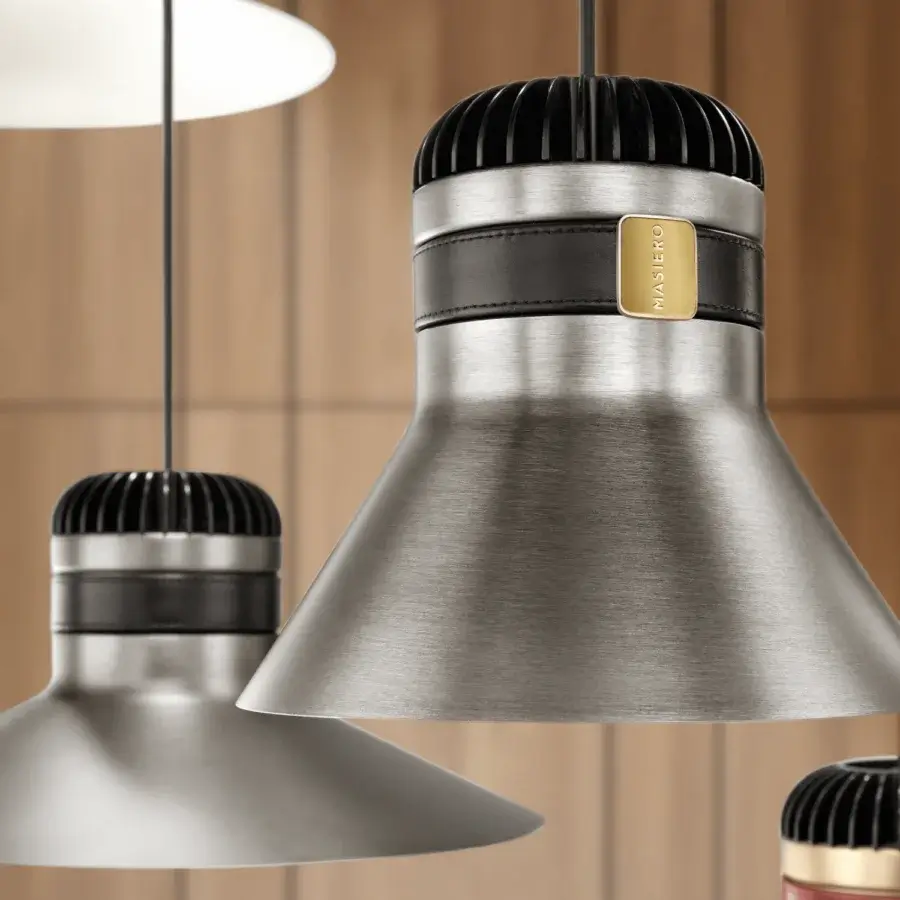 Distinguished Masiero Cordea suspension lamp with metal frame and black leather strap in brushed metallic gray finish