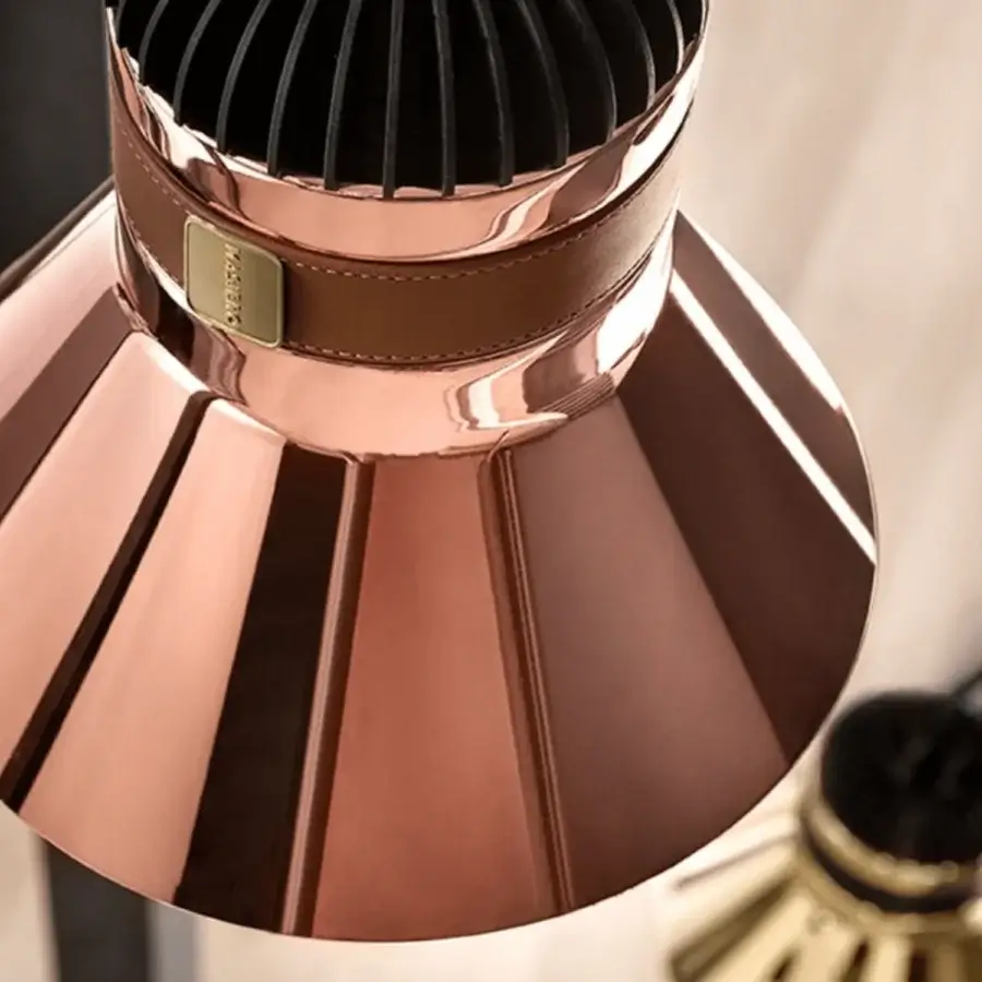 Elegant Masiero Cordea suspension lamp with conical shade in reflective copper and brown leather strap