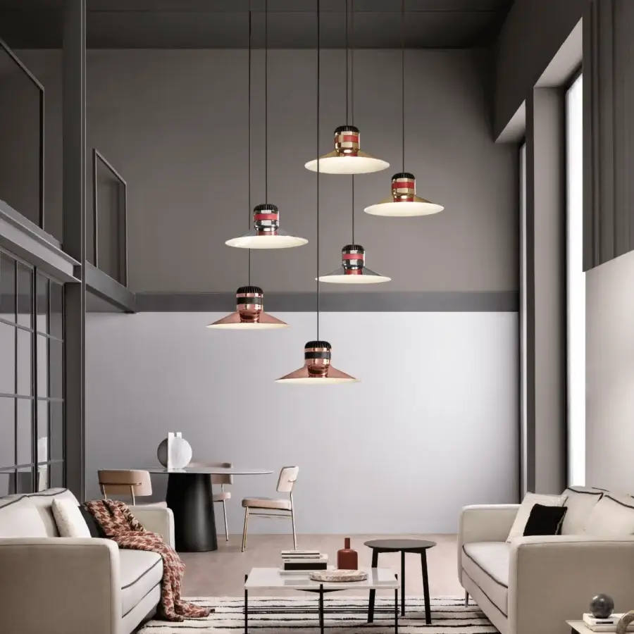 Superior Masiero Cordea suspension lamp with cylindrical copper-toned upper section and wide white shade crafted with a distinctive leather strap