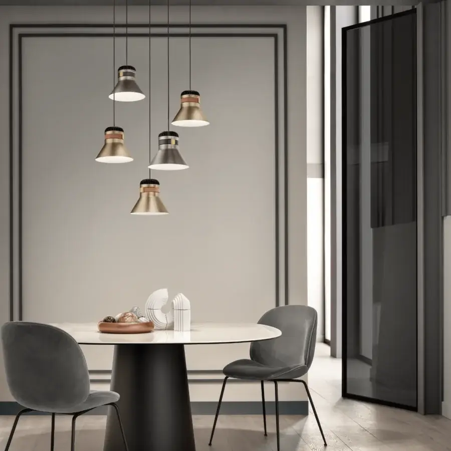Distinguished Masiero Cordea suspension lamp with a sleek metal frame and distinctive leather strap in satin silver finish