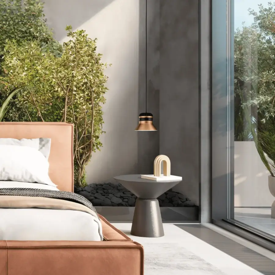Elegant Masiero Cordea suspension lamp with a warm copper-toned metal frame and distinctive black leather strap