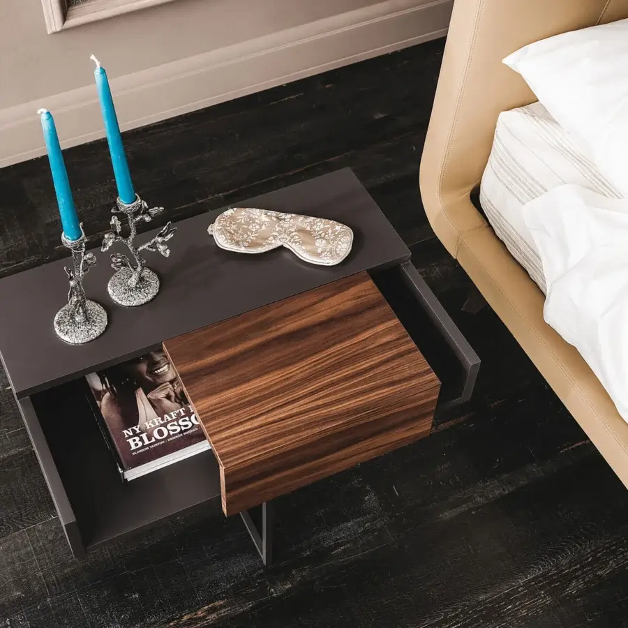 Distinguished Cattelan Italia Dante nightstand with crossed steel legs and a sliding natural wood door in dark gray tones