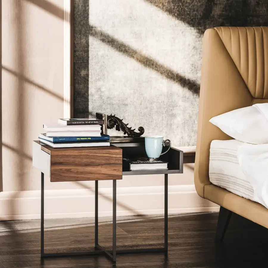 Elegant Cattelan Italia Dante nightstand with angular frame, warm wood drawer and sleek white facade built with dark metal supports
