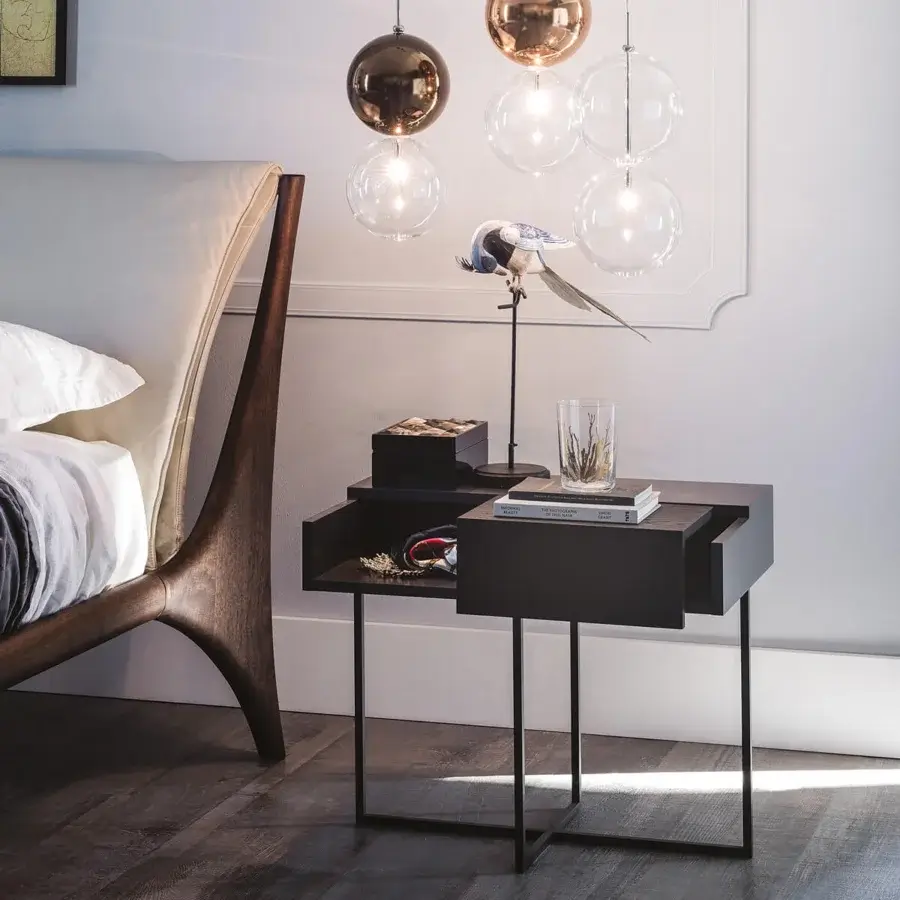 Exceptional Cattelan Italia Dante nightstand with a sliding door in natural wood and crossed steel legs with a matte finish